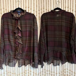 Preppy Collegiate Librarian Office Siren Long Sleeve Ruffle Front Button Blouse